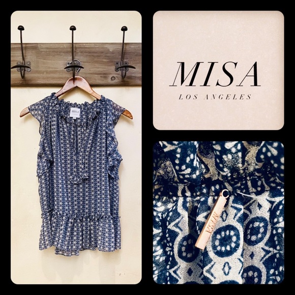 Misa Los Angeles Tops - 🪶3/$35 New! MISA L.A. Lux Mosaic Blue Keyhole Tassel-Tie Cap Sleeve Blouse-XS/S